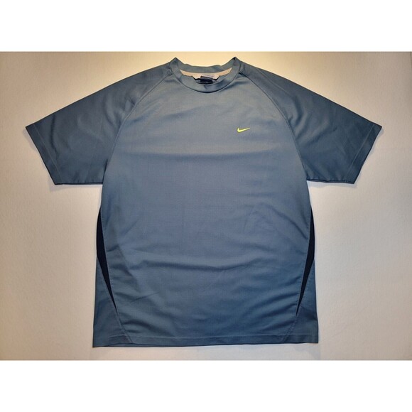 Vintage Y2K Nike Blue Yellow Swoosh Casual Short Sleeve Grey Tag Crewneck Size L - Picture 1 of 6